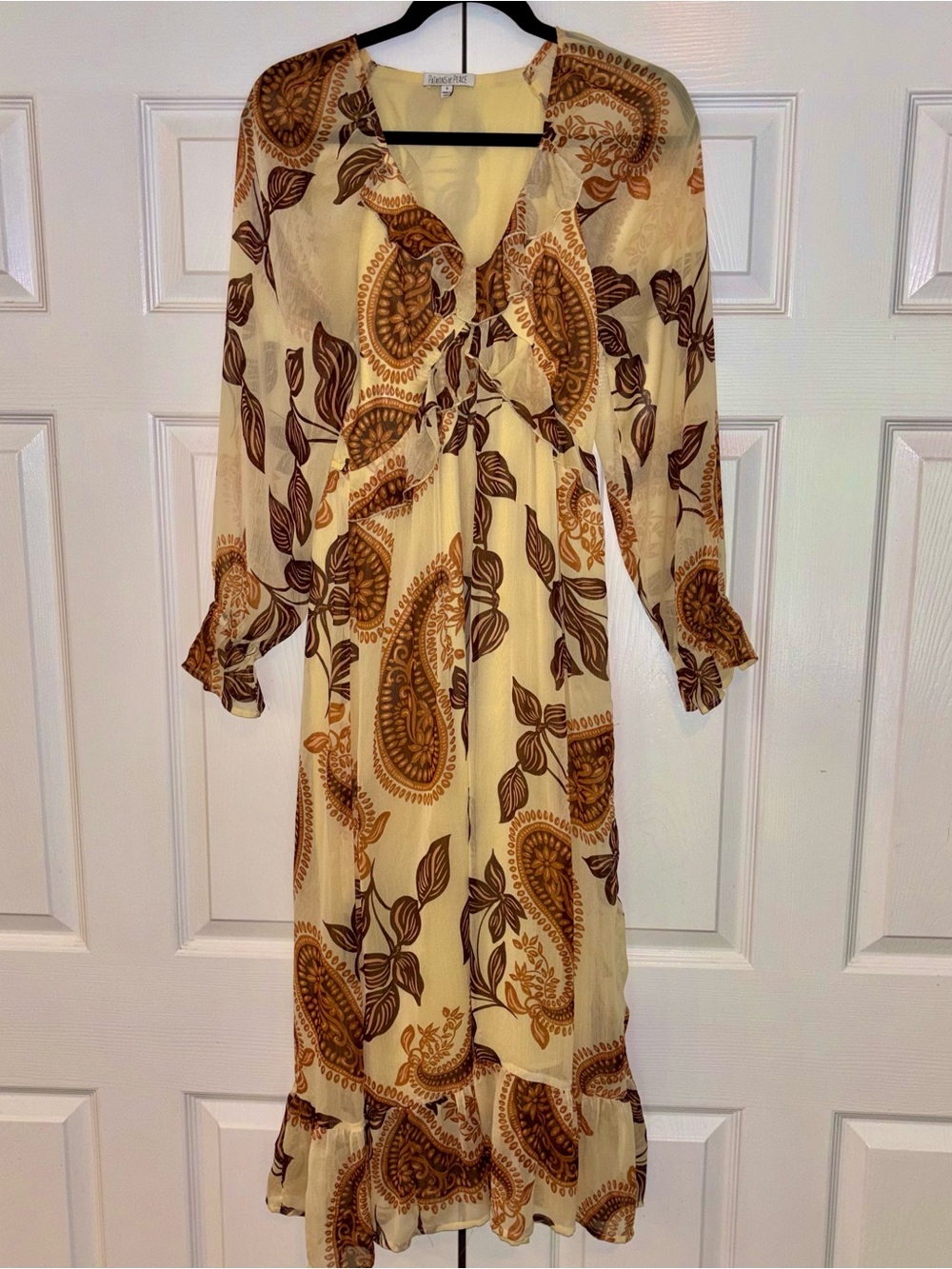 Boho Paisley Yellow Brown Long Sleeve Maxi Dress size Small